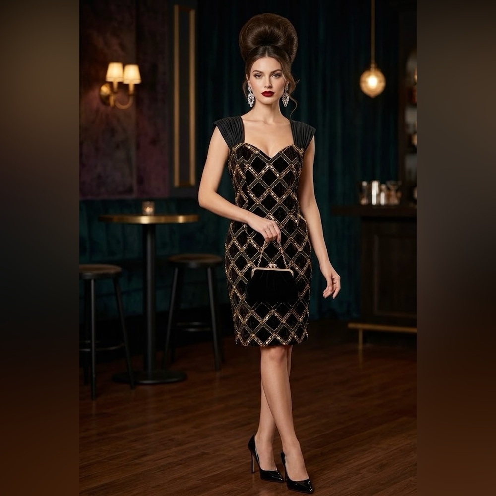 Vintage Galleria 🇨🇦 Velvet & Gold Sequin Gala Cocktail Gown with Bow Size 9/10
